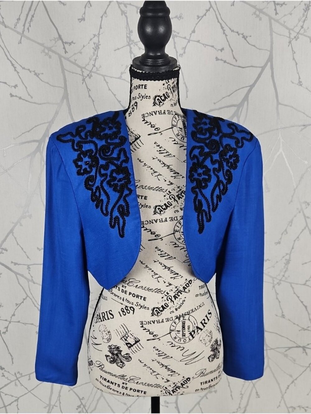 Zakura VTG Blue Textured Floral Swirl Open Cropped Bolero Jacket